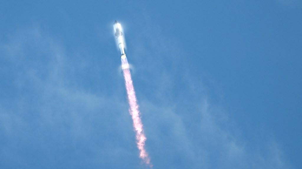 SpaceX's Starship lifting off from Starbase, Texas, as seen from South Padre Island on August 26, 2025.