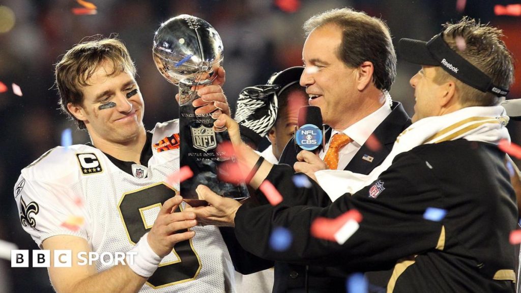 The New Orleans Saints lift the NFL Super Bowl trophy after winning in February 2010