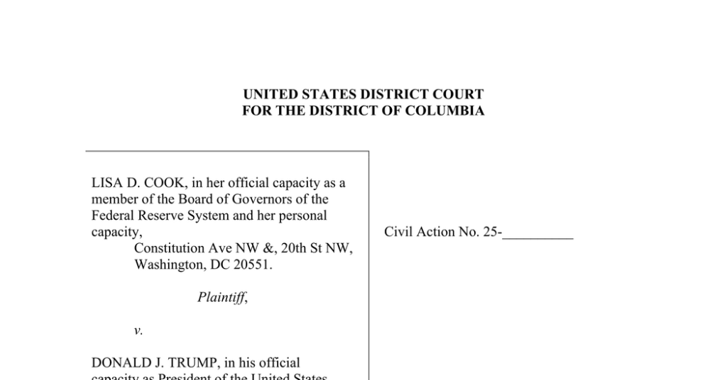 Read Lisa Cook’s Lawsuit - The New York Times