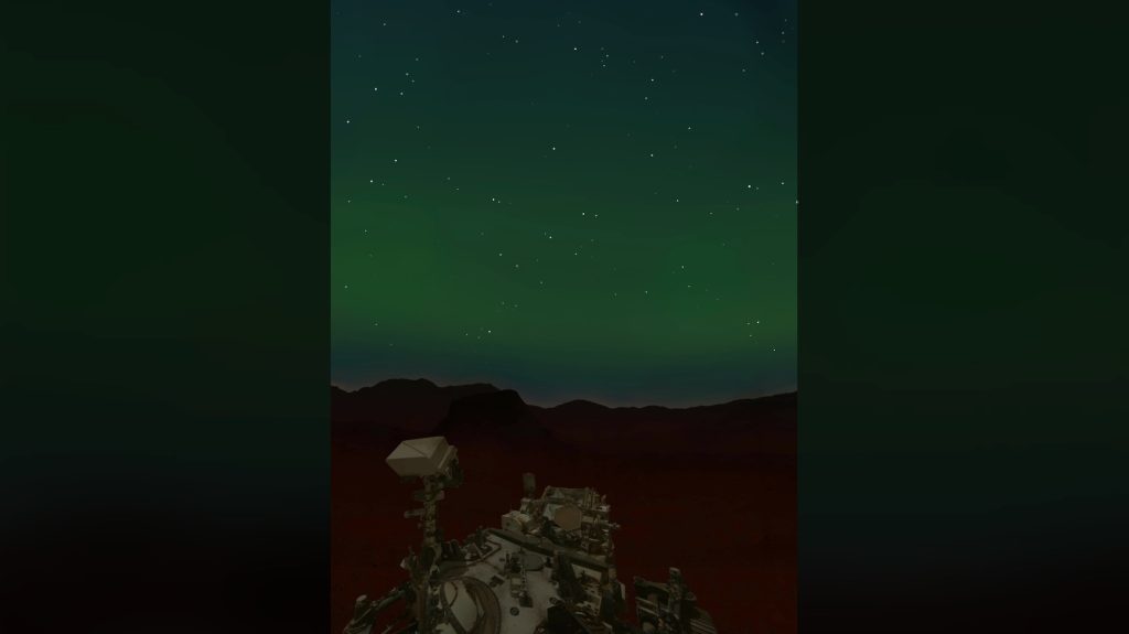 An artist’s impression of how the aurora might appear in the sky above the Perseverance rover.