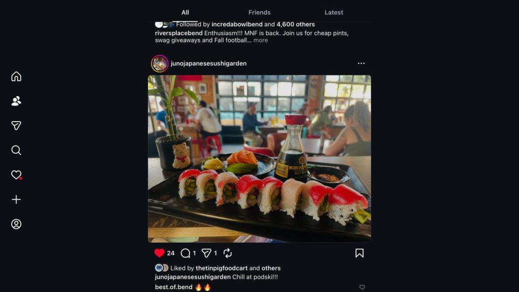 Instagram&apos;s iPad app showing new scrolling options and a post about sushi.