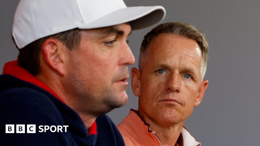 US Ryder Cup captain Keegan Bradley and his European counterpart Luke Donald speaking at a news conference on Monday at Bethpage