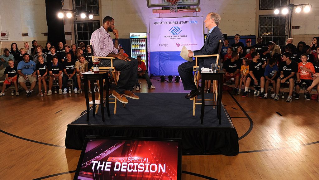 LeBron James and ESPN's Jim Gray speak at the LeBron James announcement of his future NBA plans at the Boys and Girls Club of America on July 8, 2010 in Greenwich, Connecticut.