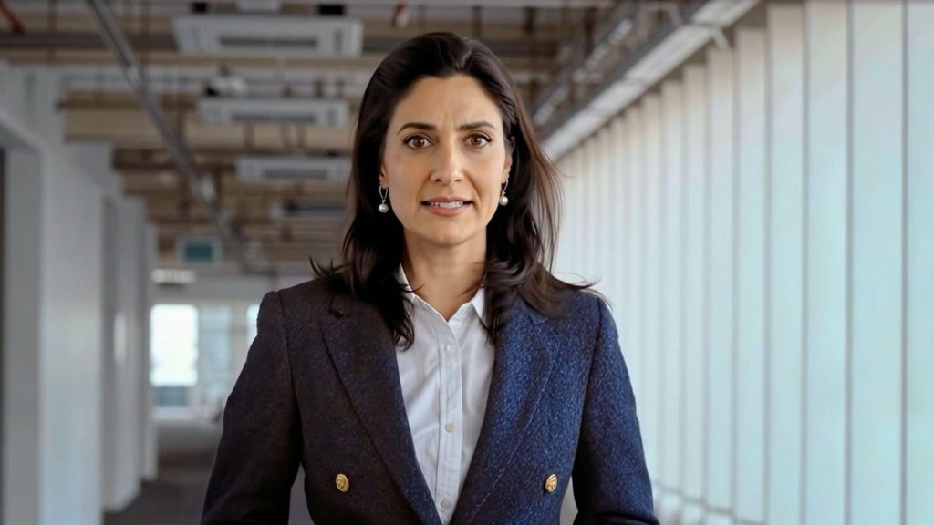 An AI-generated woman in professional attire.