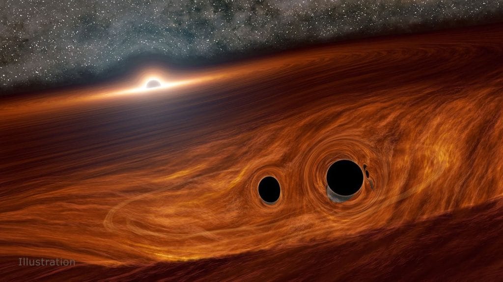 An illustration with two black holes caught in the orbit of a larger black hole